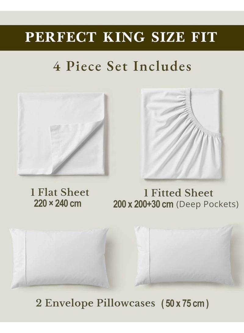 Eworld 4-Piece Luxury King Size White Bedding Set – 100% Cotton, 180 TC | Flat Sheet 220x240cm, Fitted Sheet 200x200+30cm & 2 Pillow Cases 50x75cm - Image 2